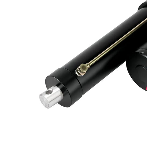 Heavy Duty 25000N Linear Actuator Built Like A Rock Solid Workhorse Featuring Hella Tough IPX6 Waterproof Shields Plus 48V Power for close-up view of black actuator end.