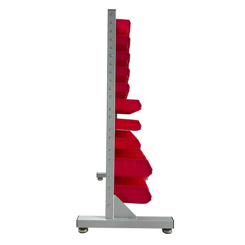 Side view of Heavy Duty Metal Bin Rack Storage Organizer System with 76 removable bins on a durable steel frame.