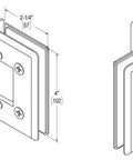 Technical diagram of Built Tough Heavy Duty Adjustable 90 Degree Wall Glass Hinge With Offset Backplate Brushed Nickel Self Closing For Glass Doors