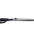 Side view of heavy duty 12 inch fabric and leather cutting scissors for sewing and crafting, pro grade industrial sharp shears.
