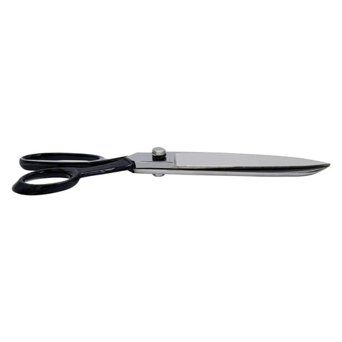 Side view of heavy duty 12 inch fabric and leather cutting scissors for sewing and crafting, pro grade industrial sharp shears.