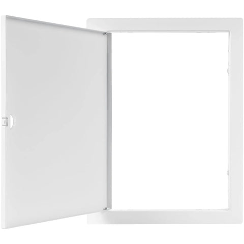 Top Notch 10 X 14 Inch Heavy Duty Metal Indoor Drywall Access Panel In Crisp White, open view, ideal for HVAC plumbing access.
