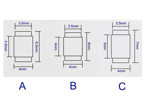 Diagram of three CNC precision backspacer standoff stop pins sizes for Rock Solid 10 Pack Pocket Knife Backspacer Standoff Stop Pins CNC Precision Stainless 416 Steel Heavy Duty EDC Folding Knife DIY Fix Kit.