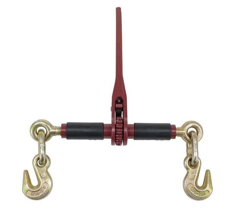Four Pack Ratchet Chain Binders With Rubber Grips for flatbed hauling, featuring G70 eye grab hooks, 14 inch handle, 10 inch barrel