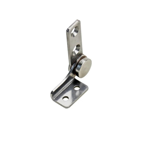 Side view of a small stainless steel L-shaped damping torque hinge with mounting plate.