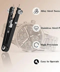 All-In-One Watch Spring Bar Removal Tool Set With Pliers And V Type Pins alongside a wristwatch.