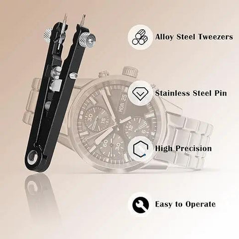 All-In-One Watch Spring Bar Removal Tool Set With Pliers And V Type Pins alongside a wristwatch.