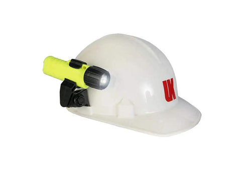 Yellow Waterproof LED Flashlight With Tail Switch attached to a white helmet, CPO Optics Beam, ideal for camping, hunting, utility