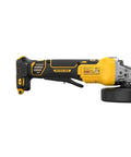 20 Volt Brushless Cordless 4 To 5 Inch Angle Grinder featuring anti rotation safety shutdown and high torque motor, side view.