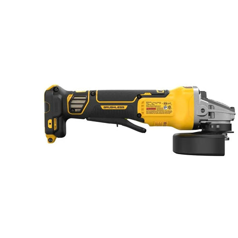 20 Volt Brushless Cordless 4 To 5 Inch Angle Grinder featuring anti rotation safety shutdown and high torque motor, side view.