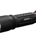 2600 Lumen USB C Rechargeable LED Flashlight With Slide Focus And Pure Beam Optic on white background, durable aluminum body.
