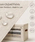 Close-up of Badass No Frills Fabric Boxes With Secure Snap Lids And Grippy Handles Clear Front Panel Big Boy Closet Organizers For Clothes Blankets Household Must Haves 2 Pack Beige showing water-resistant fabric.