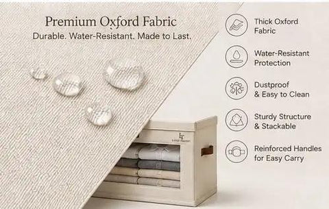 Close-up of Badass No Frills Fabric Boxes With Secure Snap Lids And Grippy Handles Clear Front Panel Big Boy Closet Organizers For Clothes Blankets Household Must Haves 2 Pack Beige showing water-resistant fabric.