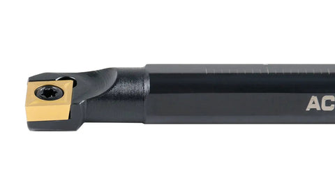 Close-up of Half Inch Shank Indexable Boring Bar With CCMT32.5 Insert, 7 Inch Overall Length, showing angular cutting edge.