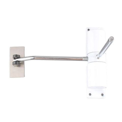 One Piece Surface Mounted Door Closer For Outdoor Use, black finish, adjustable spring loaded gate closer, white model, side view