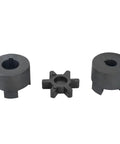 Three-piece L-jaw coupling set with Buna-N rubber spider: two round hubs with center bores and slots, star-shaped spider insert.