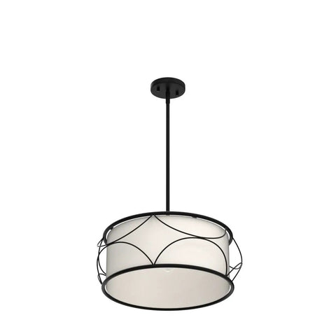 Dope Modern Drum Chandelier Pendant Light With Black Metal Frame And Fabric Shade For Kitchen Island And Dining Room 3 Light Fixture Farmhouse Modern Vibe Easy Install 17.5 Inch Diameter showing side view.