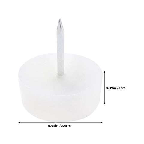 Close-up of 0.94 inch white plastic furniture glide with metal nail from 100 Pack Nail-In Furniture Glides 0.94 Inch For Hardwood Floors