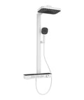 Exposed Shower Faucet System Piano Key Diverter Control White wall mount with rain shower head and handheld sprayer.