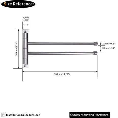 Two Arm Bathroom Swing Arm Towel Bar Wall Mount In Stainless Steel Brushed Finish with size measurements in millimeters.