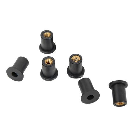 Heavy Duty Neoprene Flanged Expansion Nuts With Solid Brass Inserts Tough As Nails Shock Absorbing Fasteners For Blind Holes Metal Tubes Auto Grade 18 Pack, six black nuts with brass inserts.
