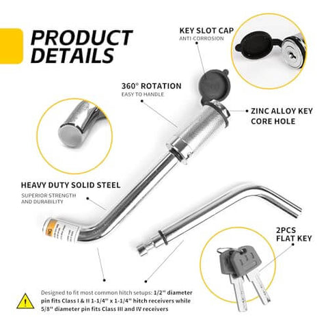 Beefy Universal Hitch Receiver Lock With One Half Inch And Five Eighths Inch Pins Anti Theft Trailer Lock For Class I To V Receivers Press To Lock Technology Chrome Finish Heavy Duty Carbon Steel Includes Two Keys showing detailed features and design.
