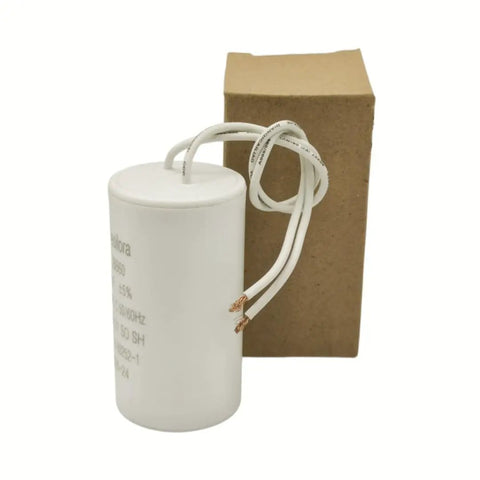30uF MFD CBB60 Motor Run Capacitor 250V AC round cylinder with two wires next to brown box