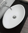 Top Shelf White Oval Vessel Vanity Sink Solid Artificial Stone Above Counter Bowl Basin Built Tough Scuff Resistant Finish No Hustle Cleanup Hella Smooth Style With Pop Up Drain For Your Home displayed on a dark wooden countertop.