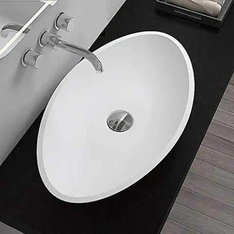 Top Shelf White Oval Vessel Vanity Sink Solid Artificial Stone Above Counter Bowl Basin Built Tough Scuff Resistant Finish No Hustle Cleanup Hella Smooth Style With Pop Up Drain For Your Home displayed on a dark wooden countertop.
