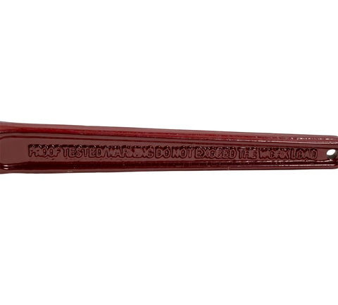 Close-up of handle on 2 Pack Heavy Duty Ratchet Lever Load Binder Five Sixteenths To Three Eighths Inch Chain With Grab Hooks And Eye 7100 Lbs Working Load Limit Red Finish Tie Down For Flatbed Truck Trailer, showing text engraving with load specification.