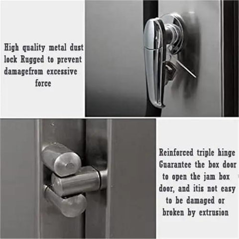 Heavy Duty Waterproof Stainless Steel Electrical Enclosure Box lock and hinge details for outdoor commercial use. Weatherproof cabinet.