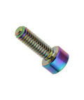 Rock Solid M4 X 12 Millimeter Titanium Socket Head Cap Screws with rainbow finish, Grade 5 alloy fasteners for automotive use.