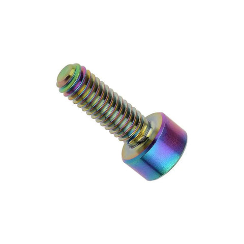 Rock Solid M4 X 12 Millimeter Titanium Socket Head Cap Screws with rainbow finish, Grade 5 alloy fasteners for automotive use.