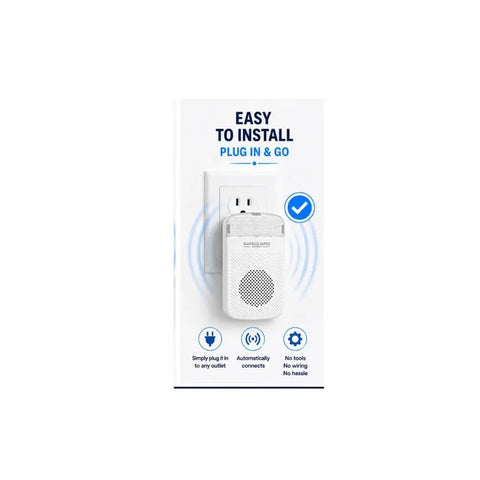 90 Db Flashing Strobe Plug In Doorbell Receiver For ERA Series Wireless Kits shown installed in a white wall outlet