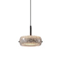 Resin Pendant Light, Gold 3 Color LED Hanging Fixture for Living Room with circular crackle resin shade and black hardware.