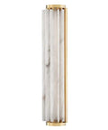 Sleek Modern Wall Sconce with Polished Nickel Finish and Sweeping Spanish Alabaster Fins Creates a Killer Wave Design for Your Living Room, featuring Opal Matte Glass Tube for Ambient Sweet Lighting in Contemporary Style Measuring 24.5 Inches High By 6, shown from the side.