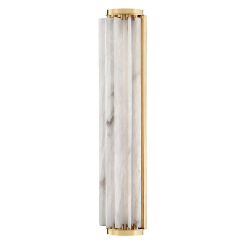 Sleek Modern Wall Sconce with Polished Nickel Finish and Sweeping Spanish Alabaster Fins Creates a Killer Wave Design for Your Living Room, featuring Opal Matte Glass Tube for Ambient Sweet Lighting in Contemporary Style Measuring 24.5 Inches High By 6, shown from the side.