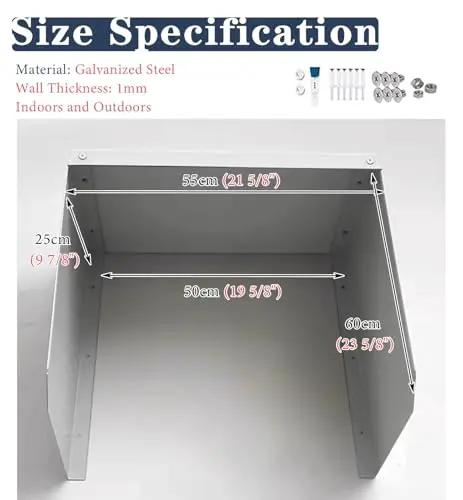 Size specifications of Slick Wall Mounted EV Charger Cover, showing dimensions in cm and made of galvanized steel for outdoor use.