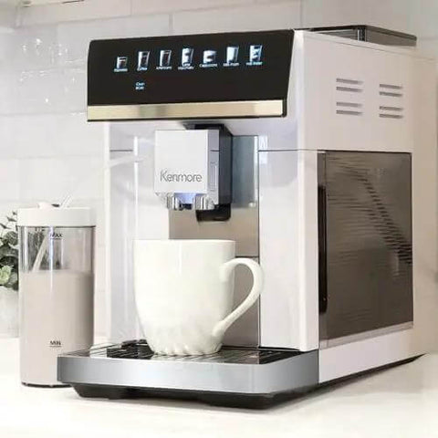 Barista-Grade All In One Espresso Machine With Built In Grinder Milk Frother And Steamer Auto Tamper Descaler Color Touch Display And One Touch Drinks Like Espresso Cappuccino Latte Macchiato Americano For Home Or Office White shown on kitchen counter