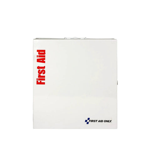 Front view of a white rectangular first aid kit box with red vertical First Aid text on the left and the First Aid Only logo bottom right