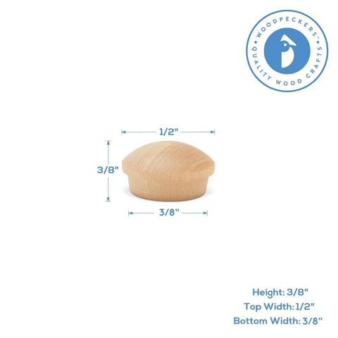 Three Eighth Inch Maple Wood Hole Plugs Pack Of 100 Button Top Plugs dimensions diagram with tapered fit for professional finish.