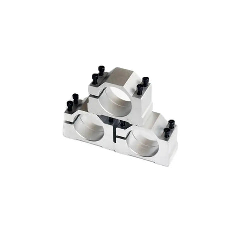 Aluminum spindle motor mount bracket for CNC machines 38mm 40mm 42mm 44mm 46mm clamp with bolts stacked in a pyramid formation.