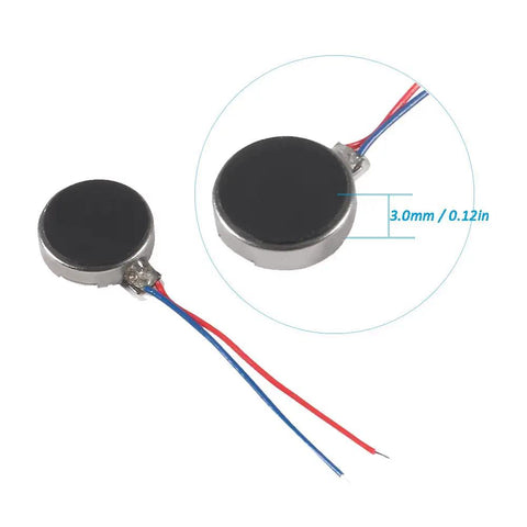 30 Pack Mini Flat Coin Type Vibration Motors 10x3mm With 12000RPM DC 3V Self Adhesive, DIY Haptic Feedback; two motors, close-up view
