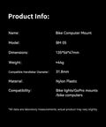 Out Front Bike Computer Mount For Roadies Universal Front Mount product info showing model, dimensions, material, and compatibility