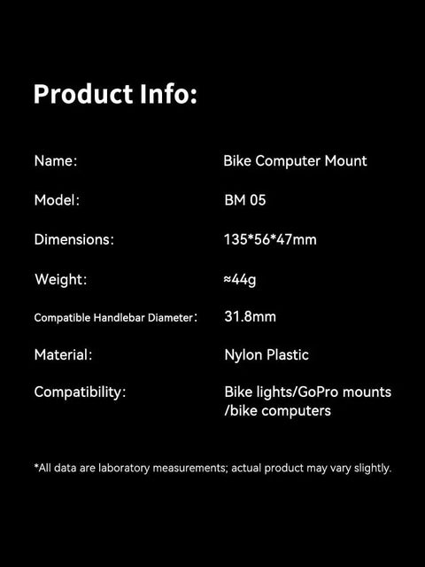 Out Front Bike Computer Mount For Roadies Universal Front Mount product info showing model, dimensions, material, and compatibility