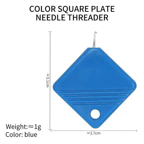 Blue color square needle threader with dimensions, part of 12 Pack Automatic Needle Threaders for Hand and Machine Sewing.