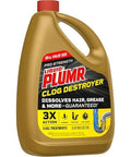 Clorox Liquid-Plumr Pro-Strength Clog Destroyer bottle, front view, 80 oz liquid drain cleaner, yellow plastic with red cap