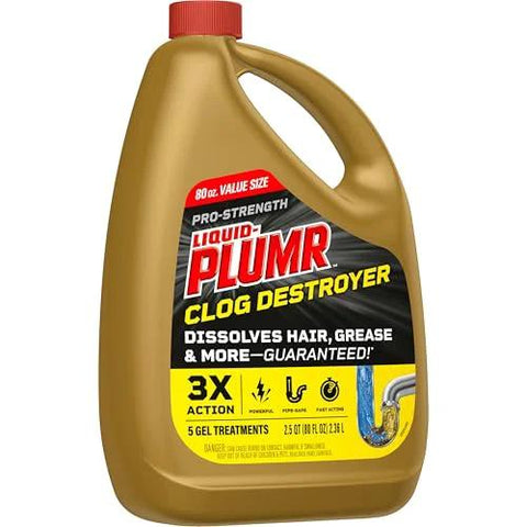 Clorox Liquid-Plumr Pro-Strength Clog Destroyer bottle, front view, 80 oz liquid drain cleaner, yellow plastic with red cap