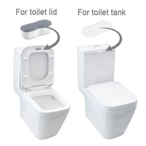 Universal Toilet Seat Bumpers Kit With Height Adjustment And Strong Self Adhesive Includes 2 Height Options 5 Lid Bumpers And 2 Tank Bumpers In Gray And Clear ABS Durable Construction For Quiet No Fuss Easy Install shown on white toilet