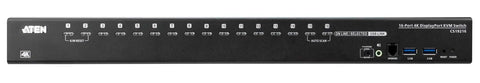 Rock Solid 16 Port Kvm Switch With 4K Displayport And Usb Type A Hub Black Frame rear view with ports for desktop setup.